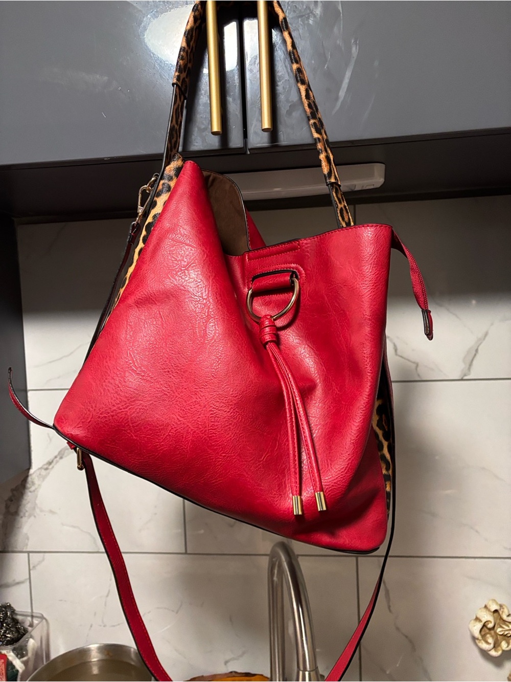 HOBO Red Shoulder Bag with Leopard-Print Trim